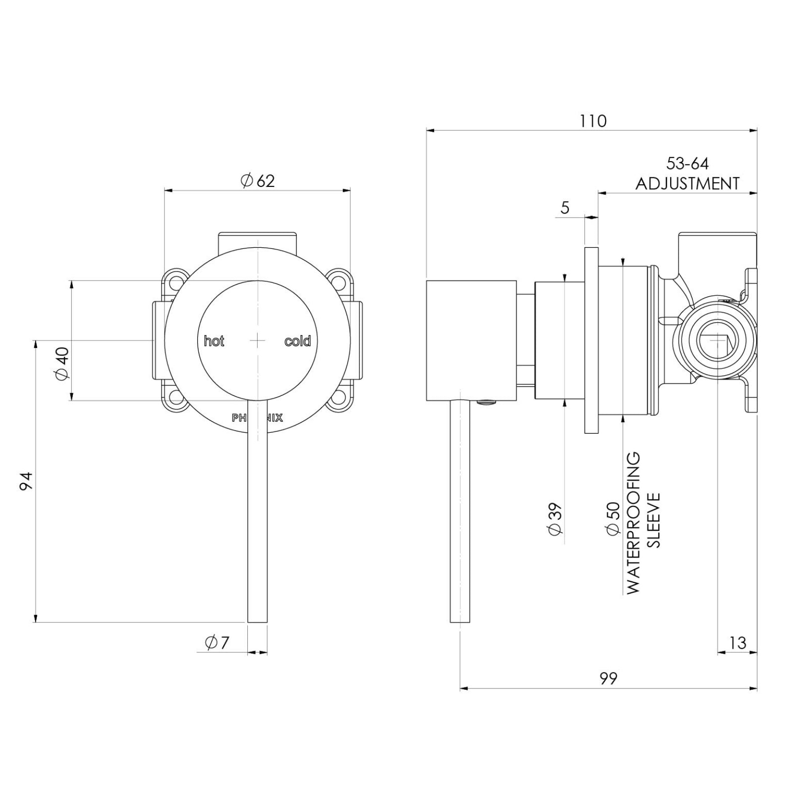 Technical Drawing Phoenix Vivid Slimline SwitchMix Shower / Wall Mixer 60mm Backplate Chrome (Fit-Off Kit Only) VS2807-00-1 - The Blue Space