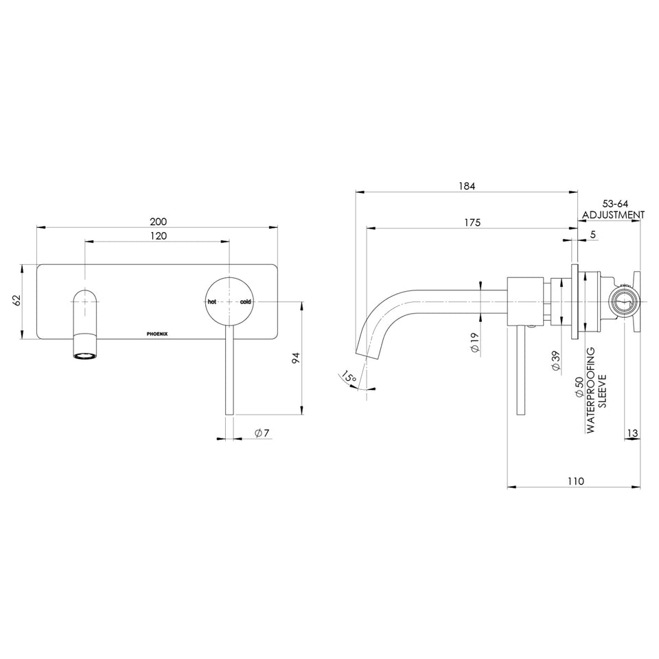 Phoenix Vivid Slimline SwitchMix Wall Basin / Bath Mixer Set 180mm Chrome (Complete Kit)