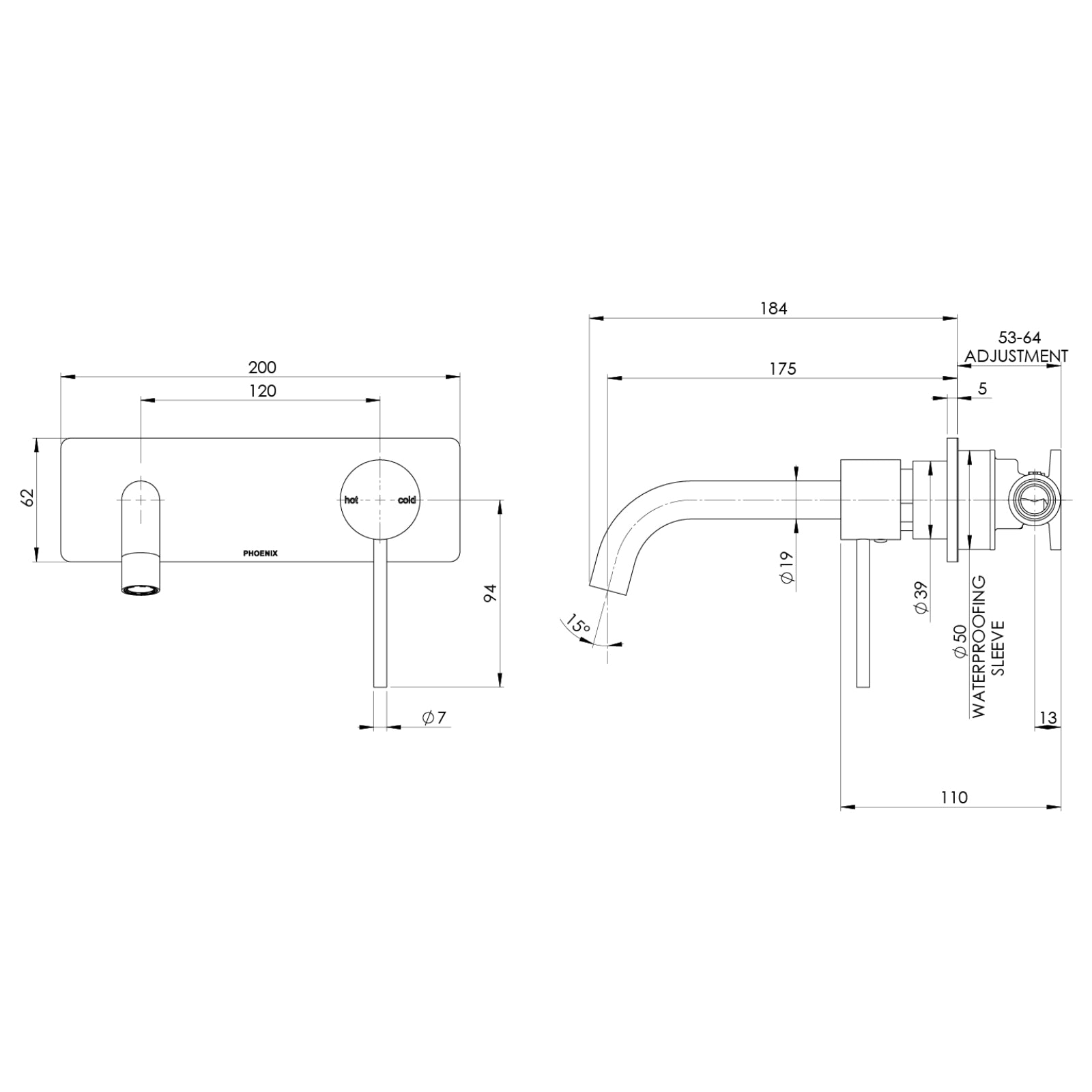 Technical Drawing Phoenix Vivid Slimline SwitchMix Wall Basin / Bath Mixer Set 180mm Chrome (Fit-Off Kit Only) VS2812-00-1 - The Blue Space