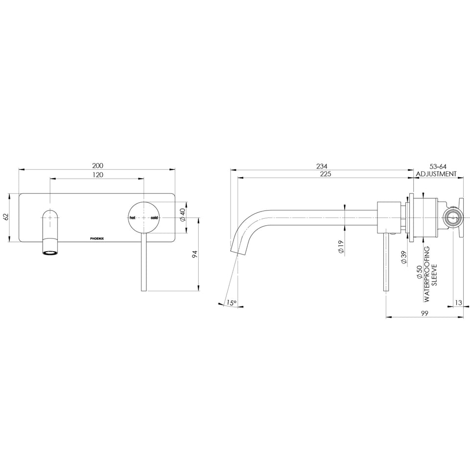 Phoenix Vivid Slimline SwitchMix Wall Basin / Bath Mixer Set 230mm Brushed Gold (Complete Kit)