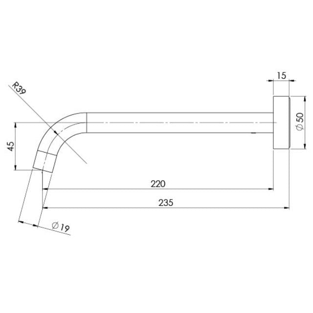 Technical Drawing Phoenix Vivid Slimline Wall Bath Outlet 230mm Curved - Chrome VS7640-00-1 - The Blue Space