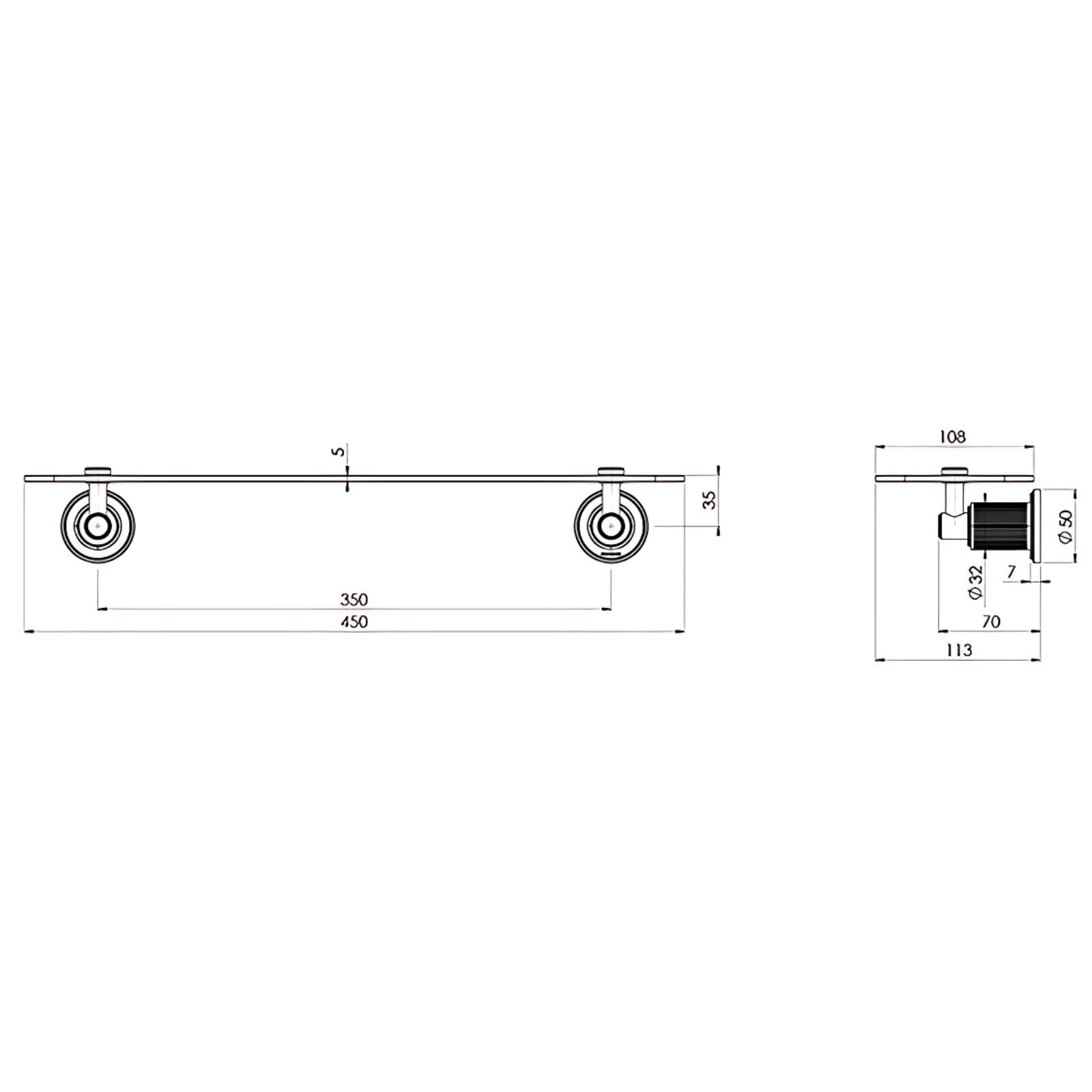 Technical Drawing Phoenix Wiltern Glass Shelf 450mm Brushed Nickel 144-8600-40 - The Blue Space