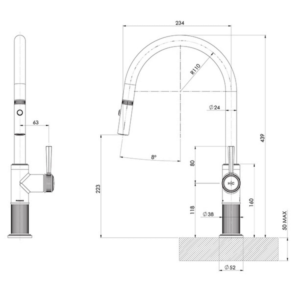 Phoenix Wiltern Pull Out Sink Mixer 230mm - Brushed Nickel