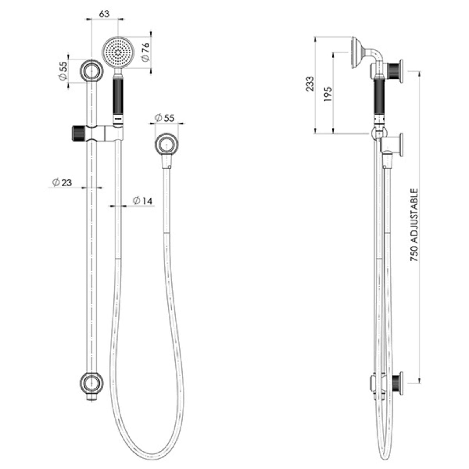 Technical Drawing Phoenix Wiltern Rail Shower Chrome 144-6810-00 - The Blue Space