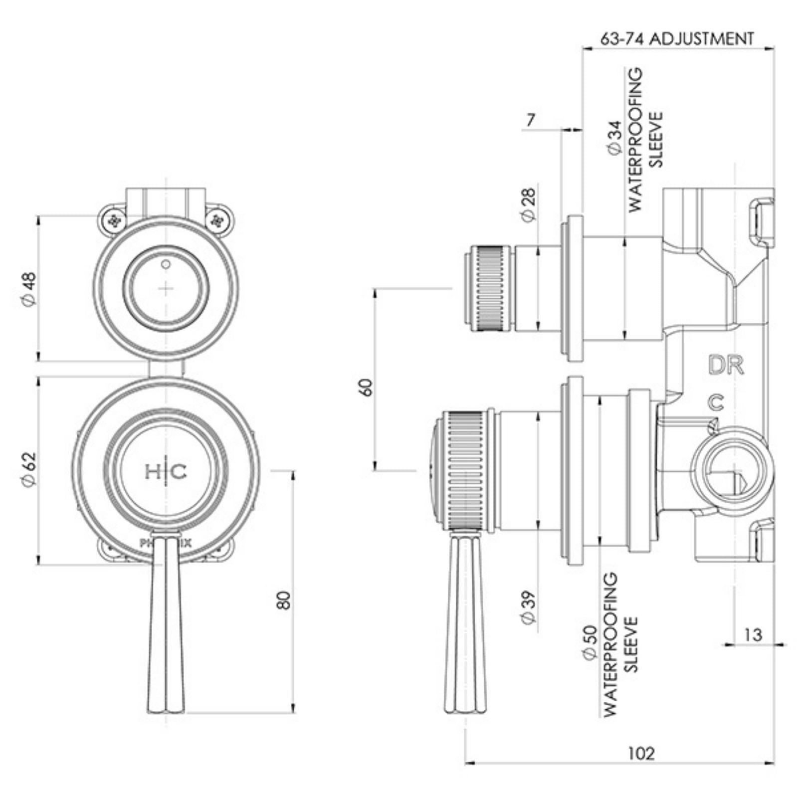 Technical Drawing Phoenix Wiltern SwitchMix Shower / Bath Diverter Mixer (Complete Kit) - Brushed Gold 144-2910-12-1 - The Blue Space