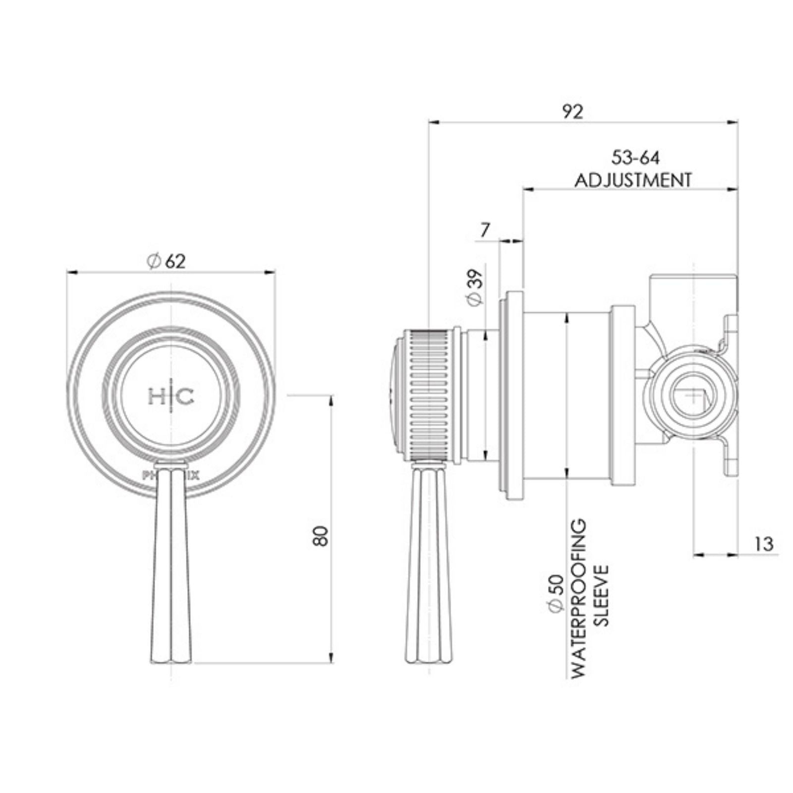 Technical Drawing Phoenix Wiltern SwitchMix Shower / Wall Mixer (Fit-Off Kit Only) - Chrome 144-2805-00-1 - The Blue Space