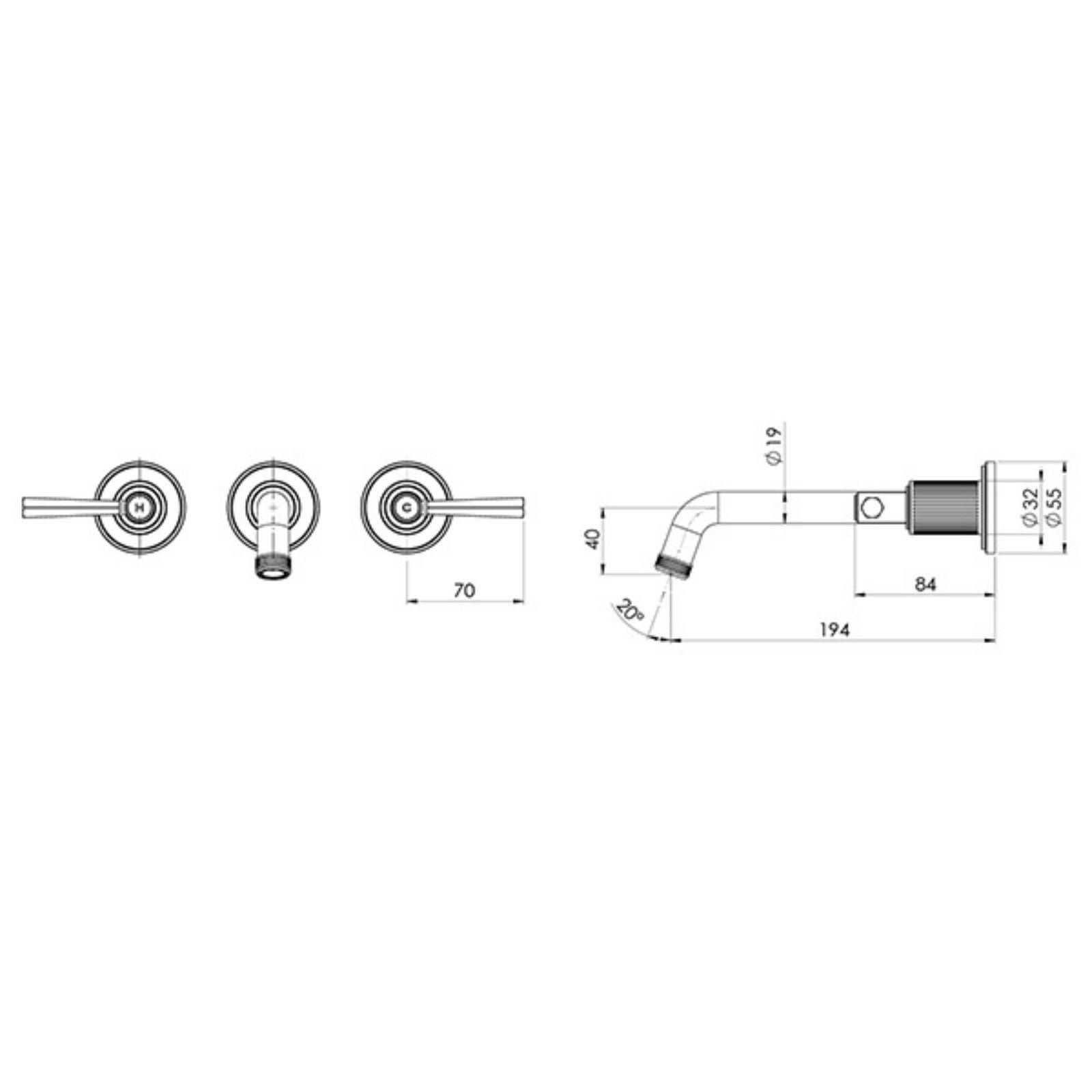 Technical Drawing Phoenix Wiltern Wall Basin / Bath Tap Set 190mm - Chrome 144-1127-00-1 - The Blue Space