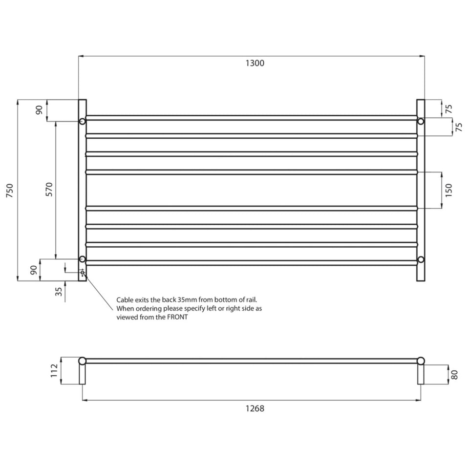 Radiant Round 8 Bar Heated Rail 1300x750mm Polished Stainless