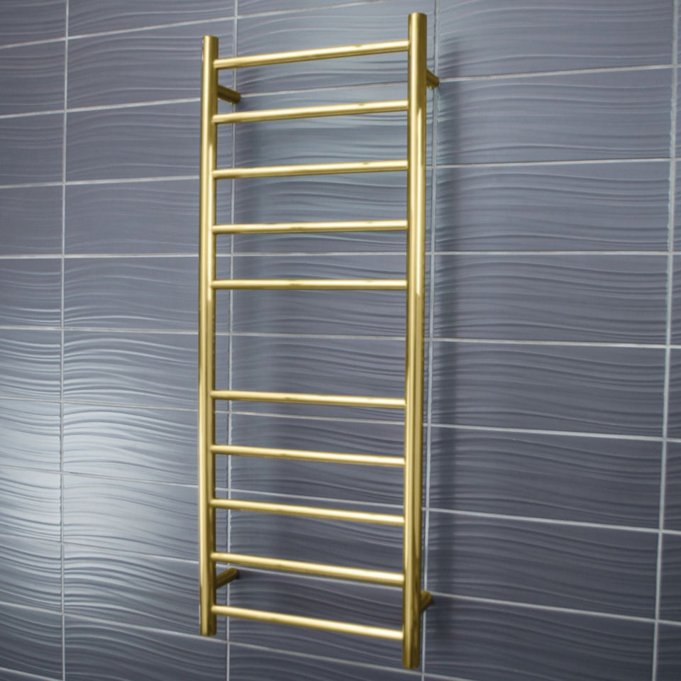 Radiant 10 Bar Round Heated Towel Ladder 430w x 1100h - Brushed Gold
