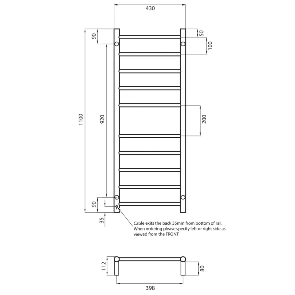 Radiant Round 10 Bar Heated Towel Rail 430 x 1100 Brushed