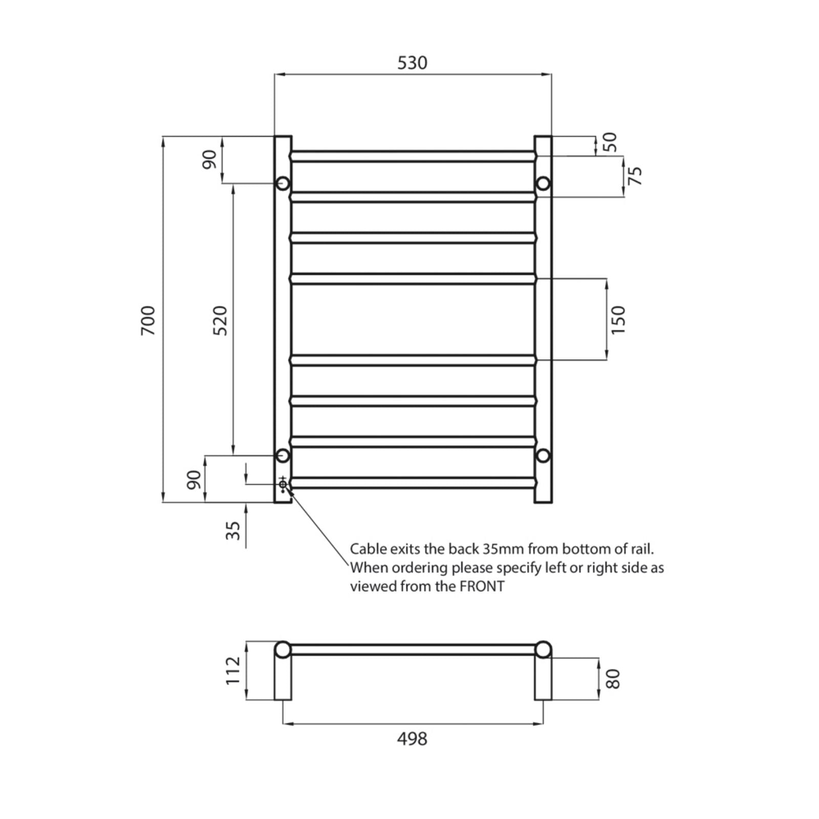 Technical Drawing Radiant Heated Round Ladder 530 X 700mm Mirror Polished RTR530LEFT - The Blue Space