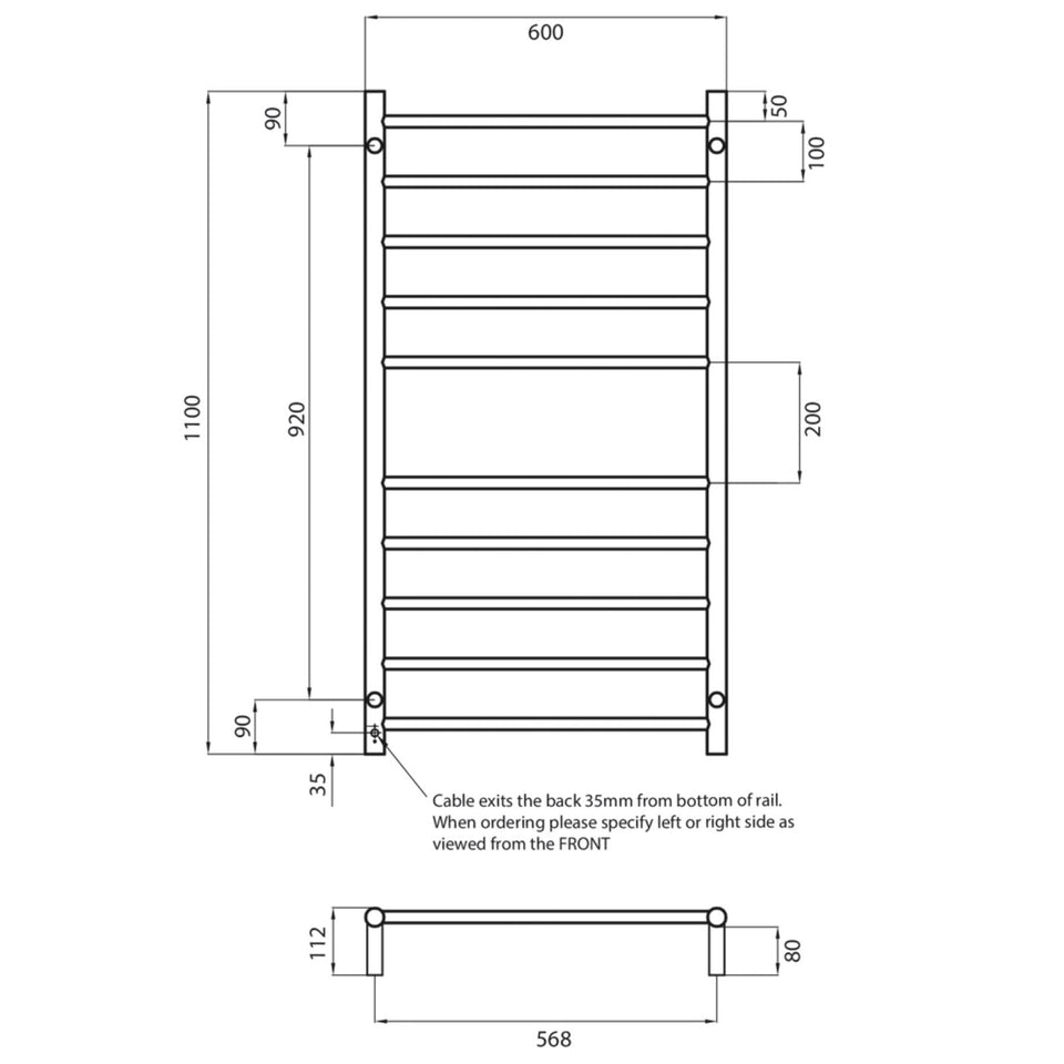 Radiant 10 Bar Round Heated Towel Ladder 600w x 1100h - Gunmetal
