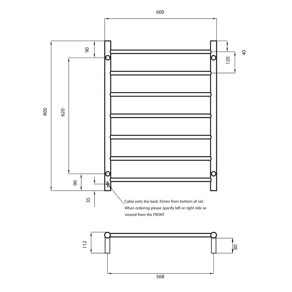 Radiant Round 7 Bar Heated Towel Ladder 600w x 800h - Brushed Nickel