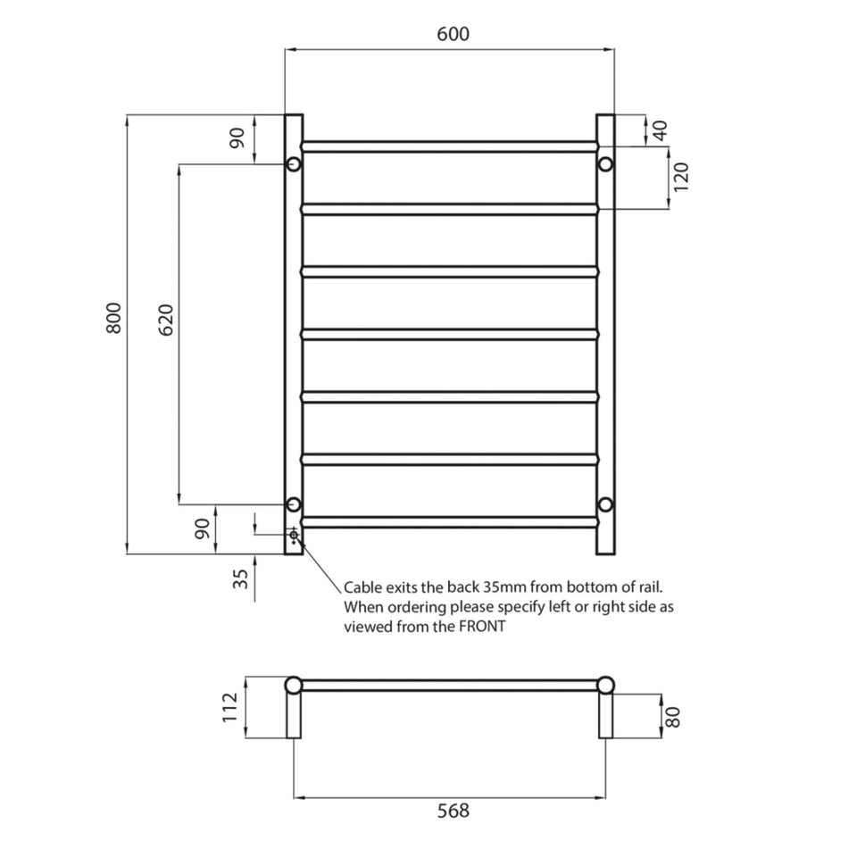 Radiant Round 7 Bar Heated Rail 600mmx800mm Brushed Stainless Steel