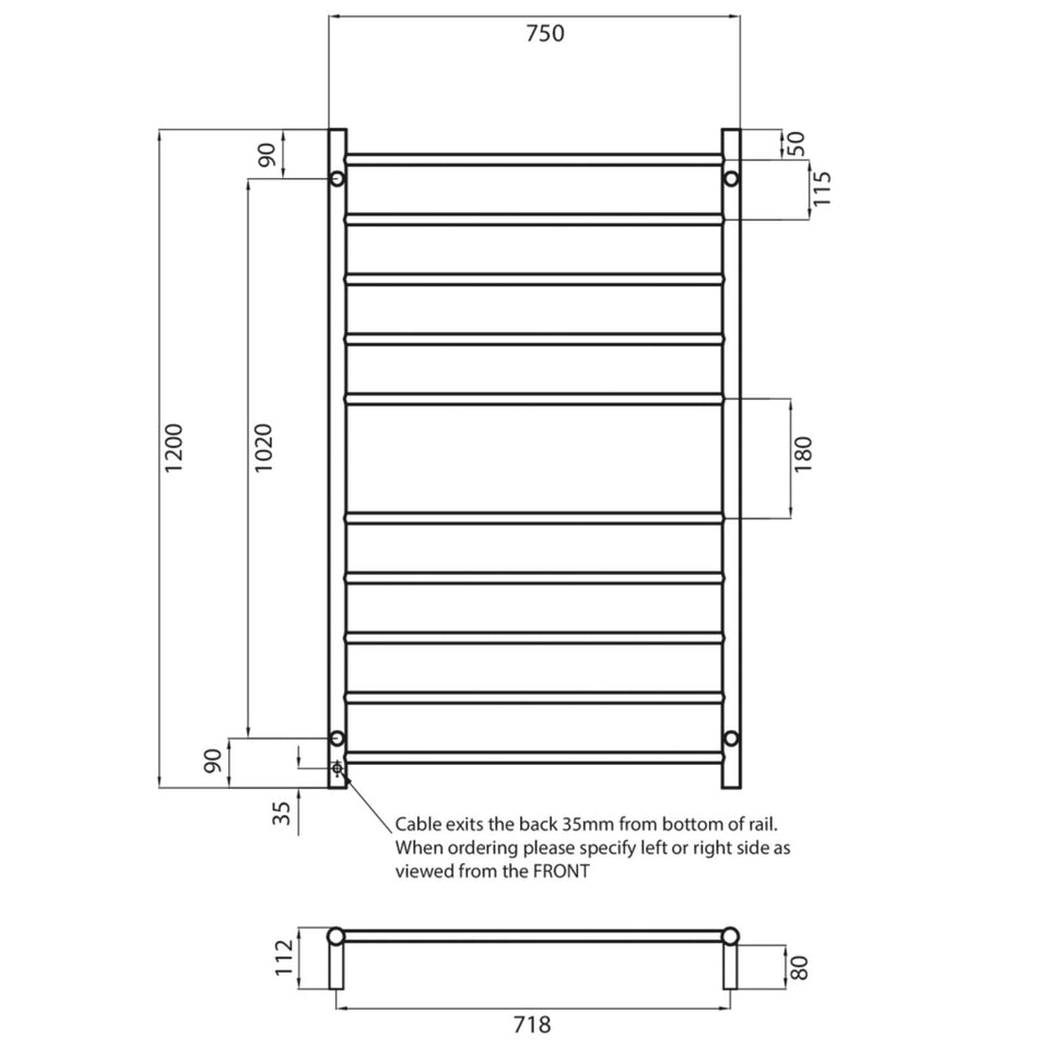 Radiant Round 10 Bar Heated Towel Ladder 750 x 1200 Polished Stainless Steel