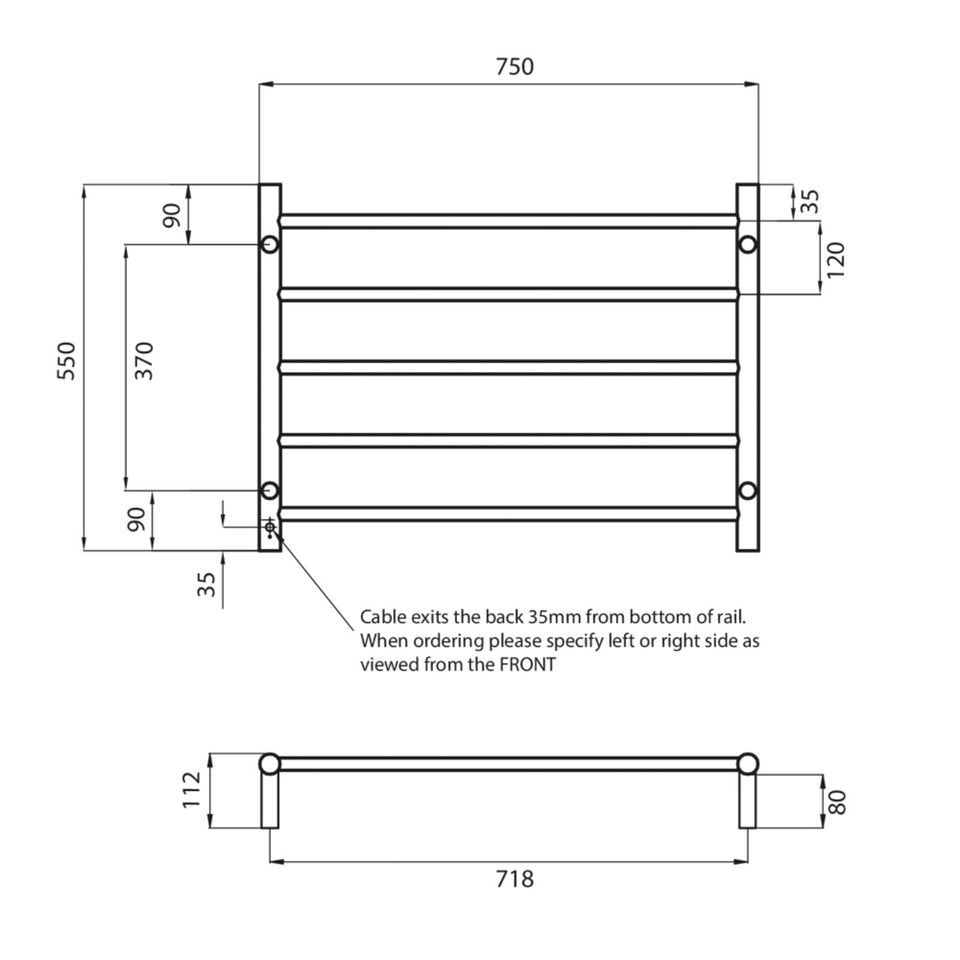 Radiant Round 5 Bar Heated Rail 750mmx550mm Matte Black