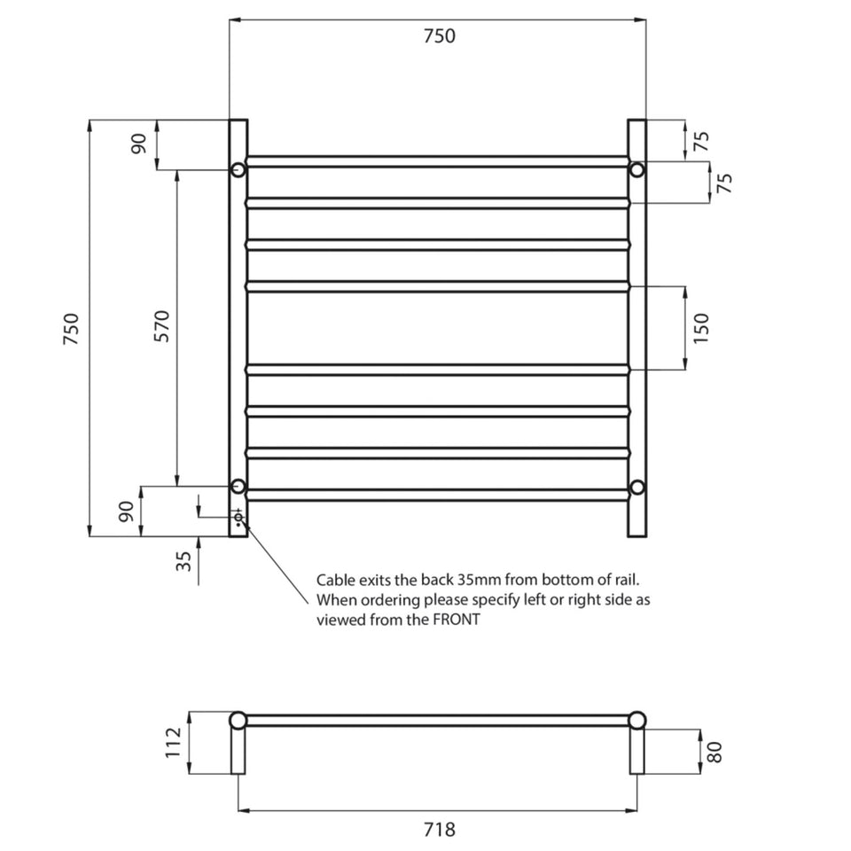 Radiant Round 8 Bar Heated Rail 750mmx750mm Brushed Stainless Steel