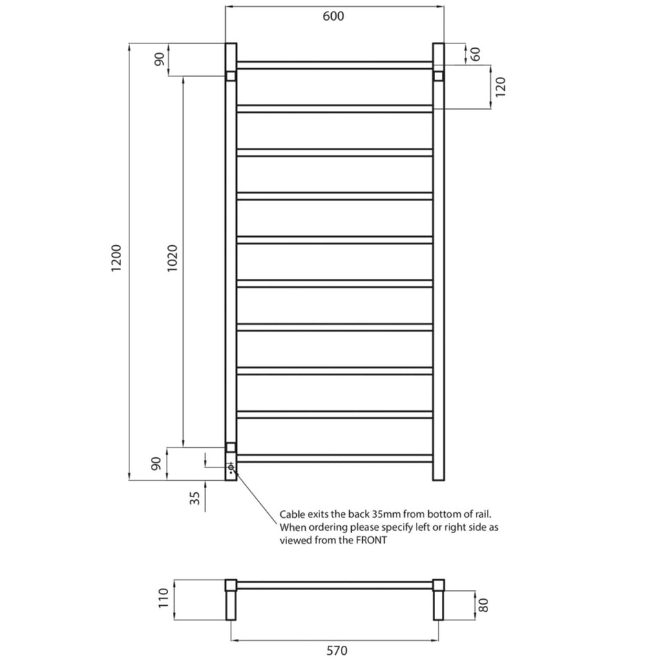Radiant Square 10 Bar Heated Rail 600mmx1200mm Polished Stainless Steel