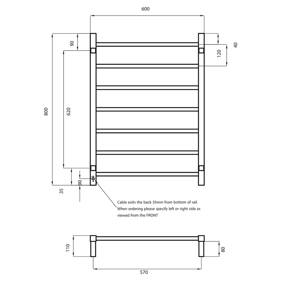 Radiant Square 7 Bar Heated Rail 600x  800 Brushed Stainless Steel