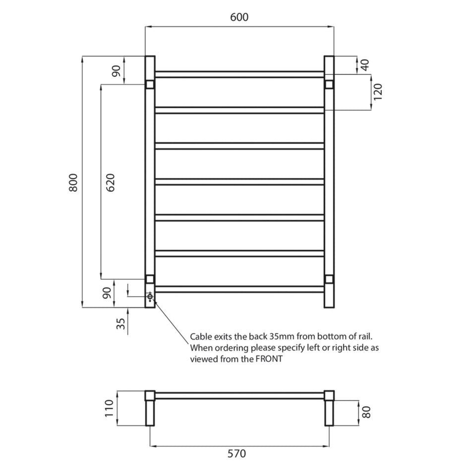 Radiant Square 7 Bar Heated Rail 600 x 800 Matte Black