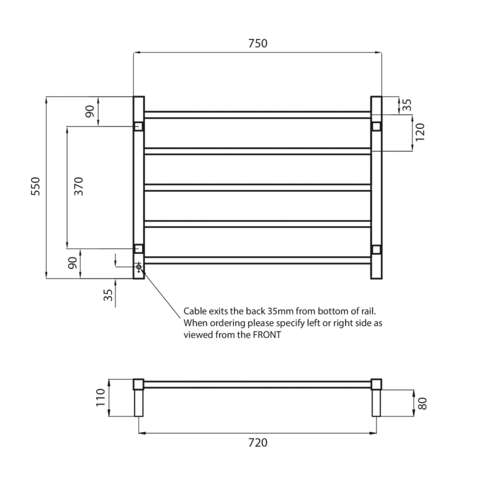 Technical Drawing Radiant Heated Square Ladder 750 X 550mm Mirror Polished STR03 - The Blue Space