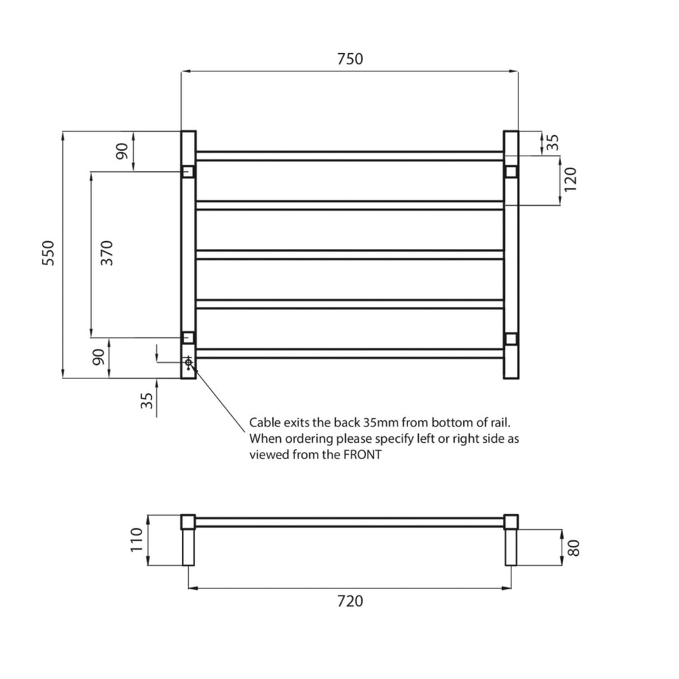 Radiant Square 5 Bar Heated Rail 750mmx550mm Polished Stainless Steel