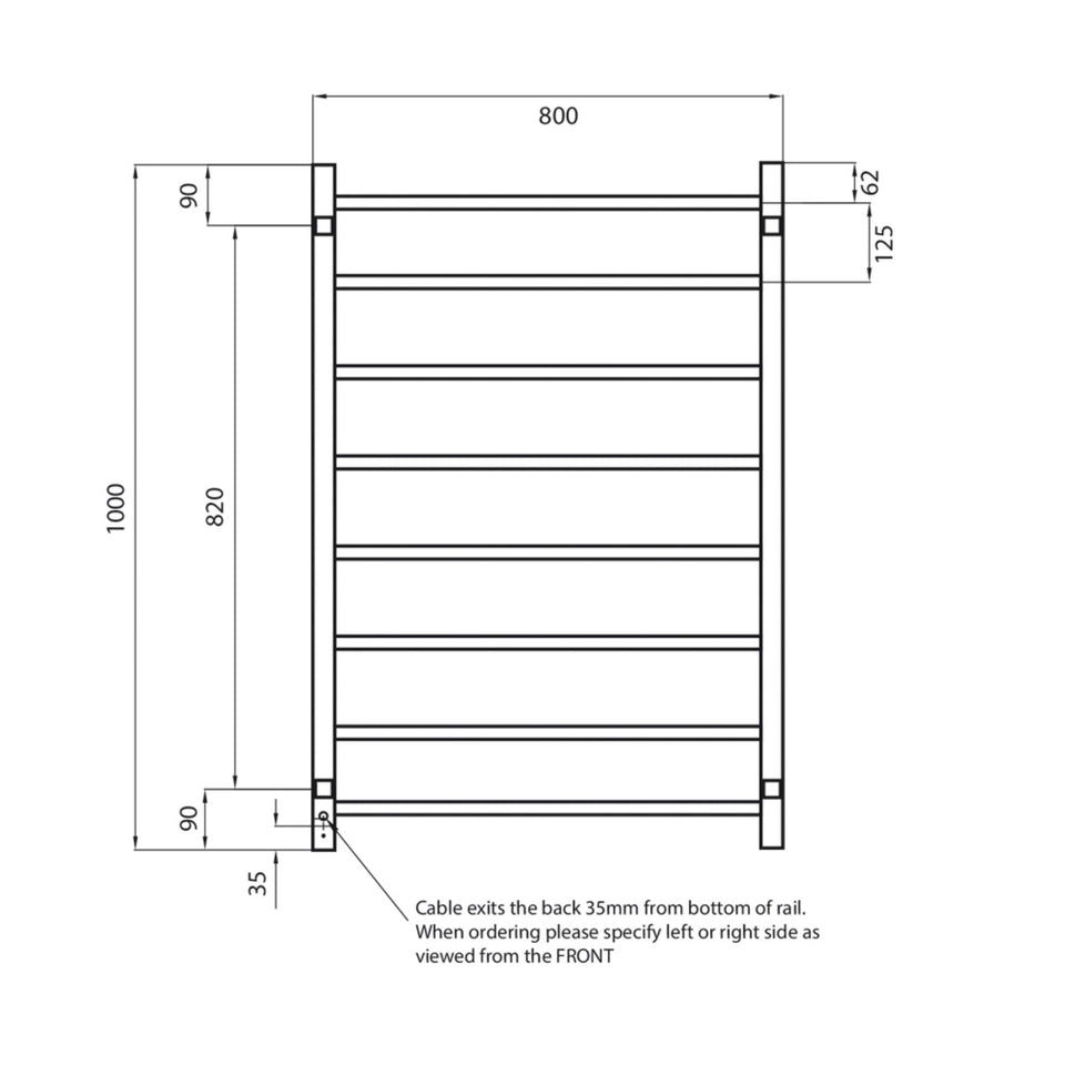 Radiant Square 8 Bar Heated Towel Ladder 800 x 1000 Polished Stainless Steel