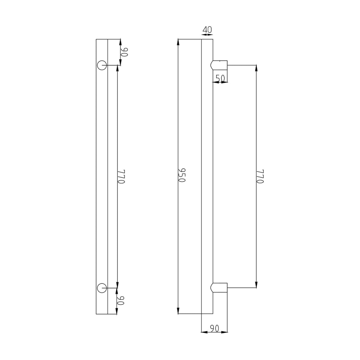 Technical Drawing Radiant Heated Vertical towel rail 40 x 950mm Brushed Nickel BN-VTR-950 - The Blue Space