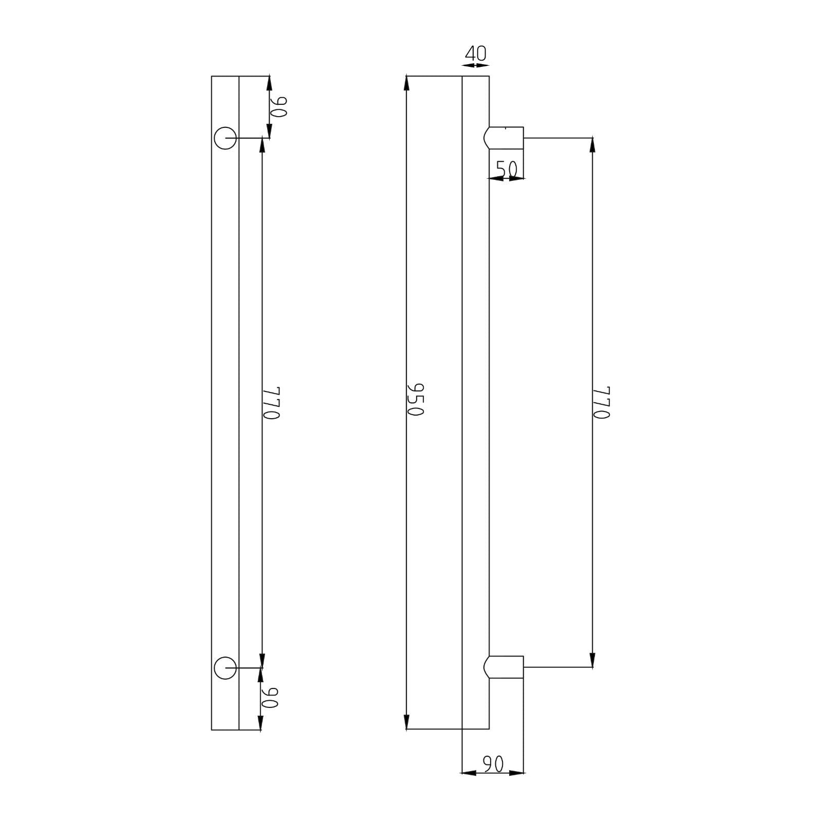 Technical Drawing Radiant Heated Vertical towel rail 40 x 950mm Matt White WH-VTR-950 - The Blue Space