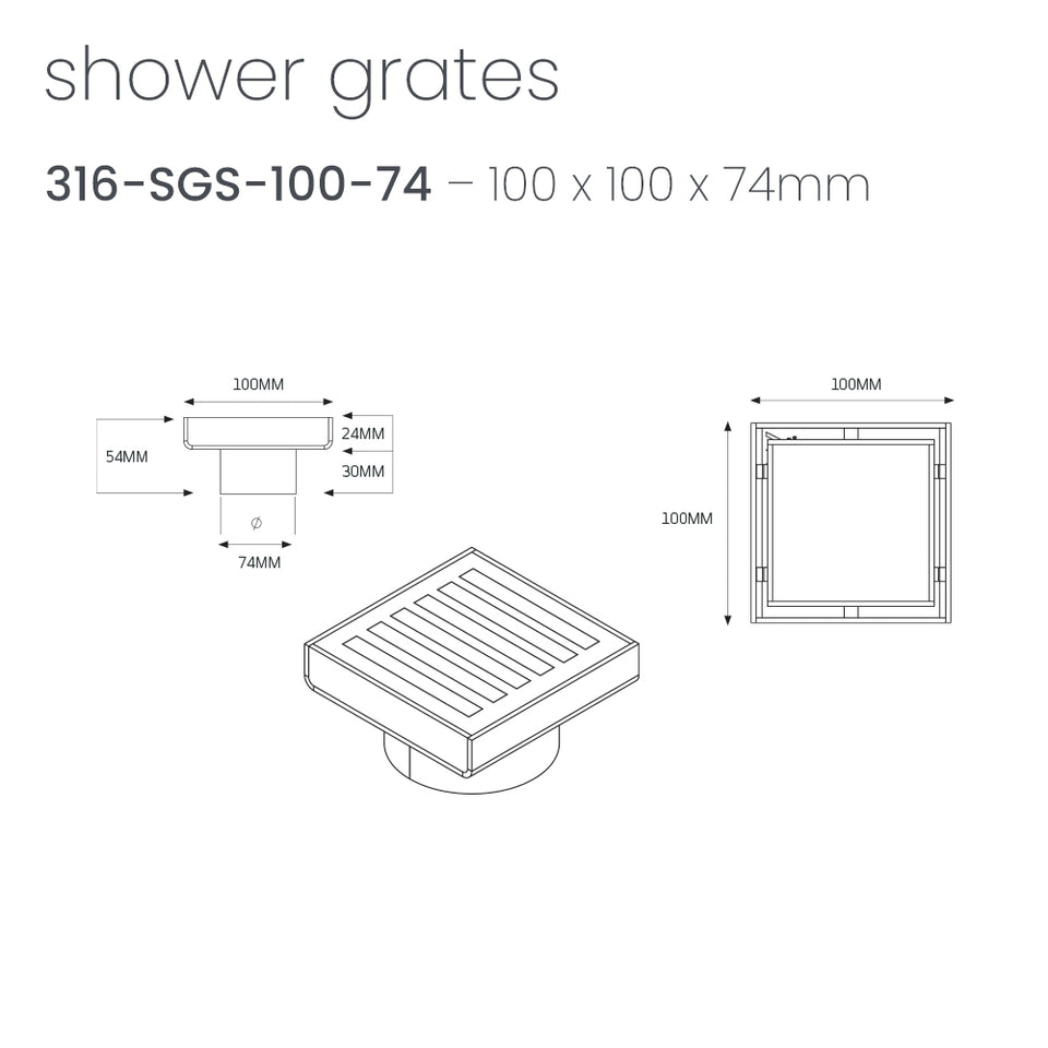 Radiant Square Slotted Floor Grate (Gun Metal Grey) 100mm x 100mm (74mm Outlet)