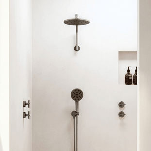 Rain shower and hand held shower in brushed finish. Shop rain showers, hand held showers, rail showers and wall showers at The Blue Space