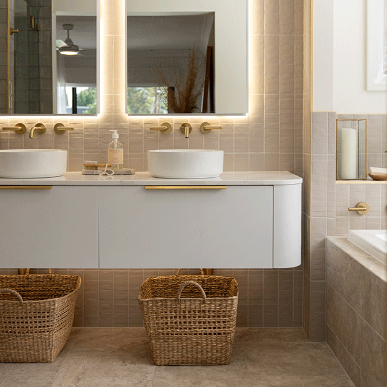 Lifestyle 05 Taupe Olivia Feature Subway Matte 75 x 300mm Porcelain  - The Blue Space