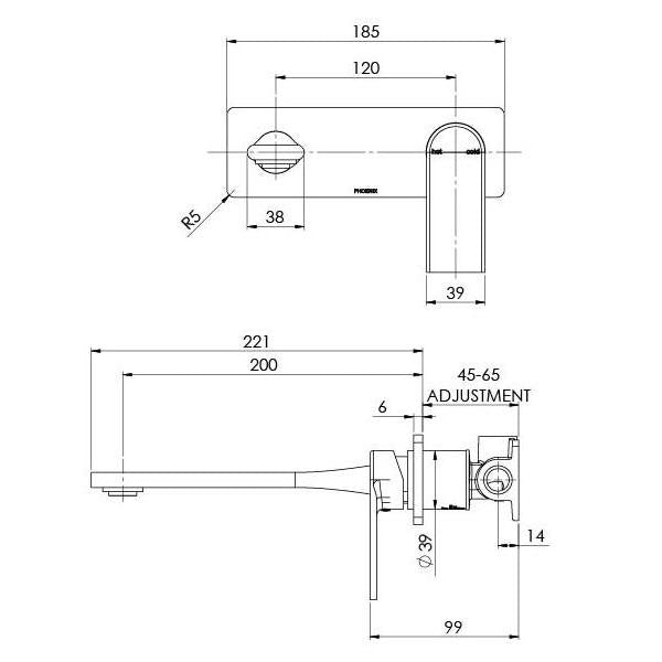 Phoenix Teel Wall Basin/Bath Mixer Set 200mm - Matte Black
