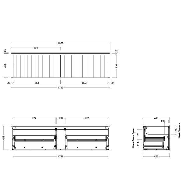 Timberline Saba Wall Hung Vanity 1800mm Technical Drawing - Online at The Blue Space