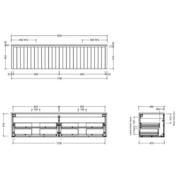 Timberline Saba Wall Hung Vanity Double Bowl With Under Counter Basin 1800mm Technical Drawing - Online at The Blue Space