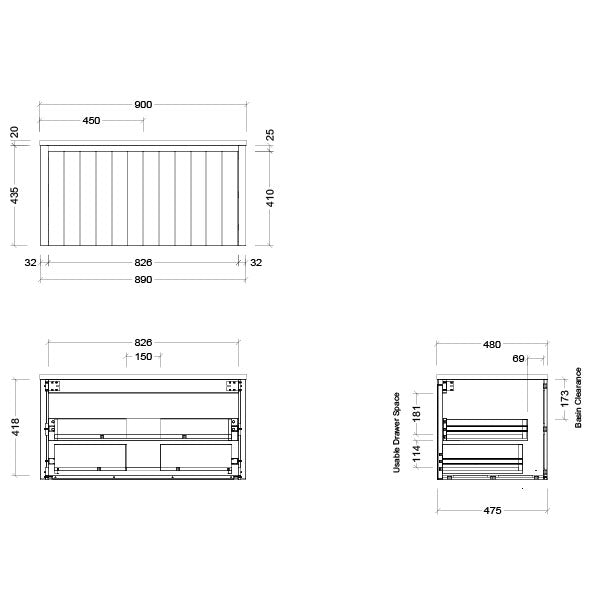Timberline Saba Wall Hung Vanity 900mm Technical Drawing - Online at The Blue Space
