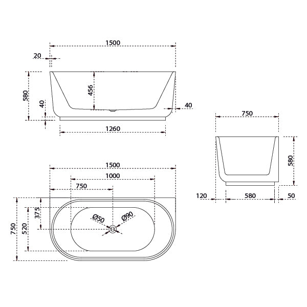 Bao Elegant 1500mm Back to Wall Bath