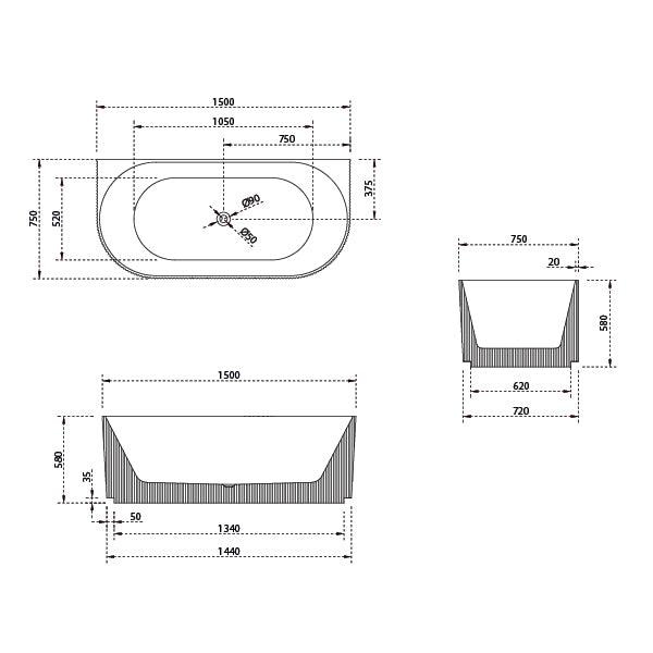 Bao Fluted 1500mm Back to Wall Bath - Matte White