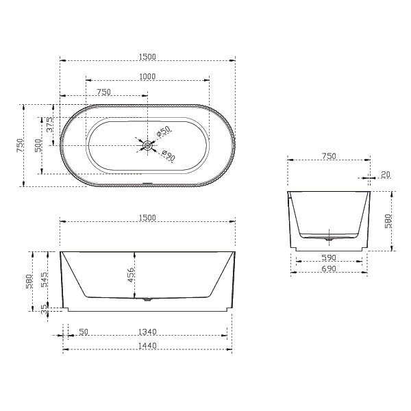 Baö Fluted 1500mm Freestanding Bath - Matte White - line drawing - The Blue Space