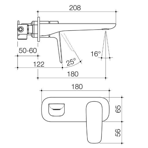 Technical Drawing Caroma Contura II 180mm Wall Basin/Bath Mixer - Brushed Brass 849051BB6AF