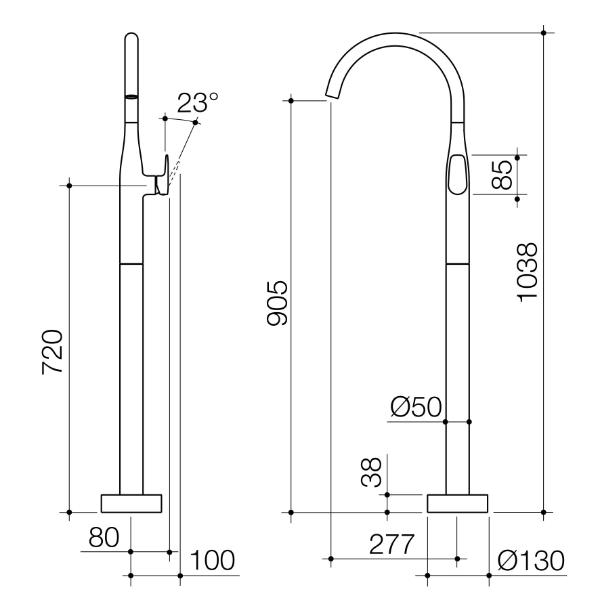 Technical Drawing Caroma Contura II Freestanding Bath Filler - Brushed Bronze 849065BBZ