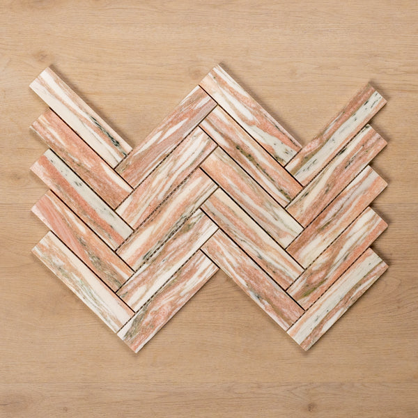 Cottesloe Norwegian Pink Herringbone Honed Marble Mosaic Tile 35x150mm Double - The Blue Space