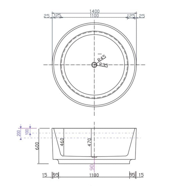 Decina Florencia 1400mm Freestanding Bath with Integrated Overflow