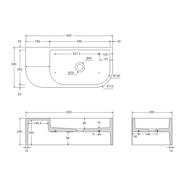 Fienza Blanca Concrete Wall Hung Basin Rh Bowl 650x300x200mm Terrazzo