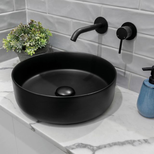 Fienza Kaya Basin/Bath Wall Mixer Set Round Plates 160mm Outlet Matte Black