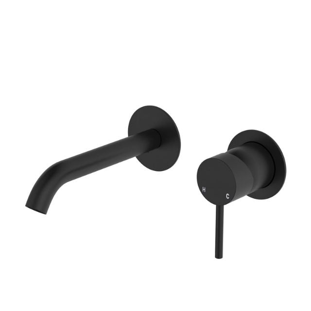 Fienza Kaya Basin/Bath Wall Mixer Set Round Plates 160mm Outlet Matte Black