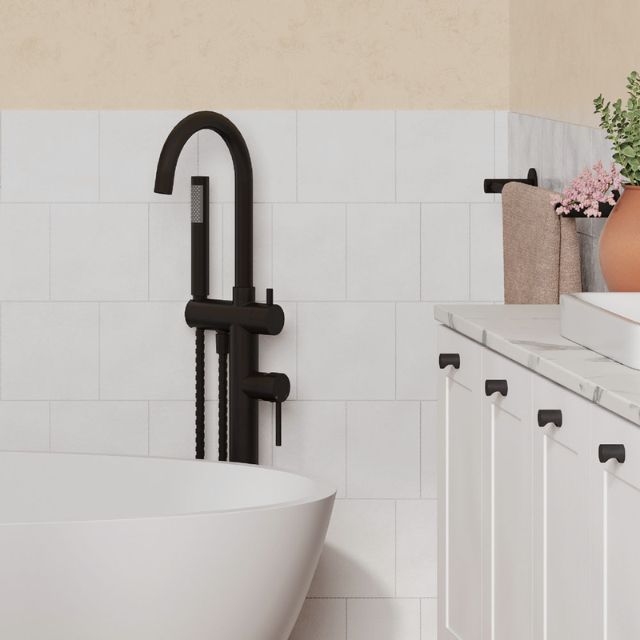 Fienza Kaya Floor Mounted Bath Mixer With Hand Shower Matte Black