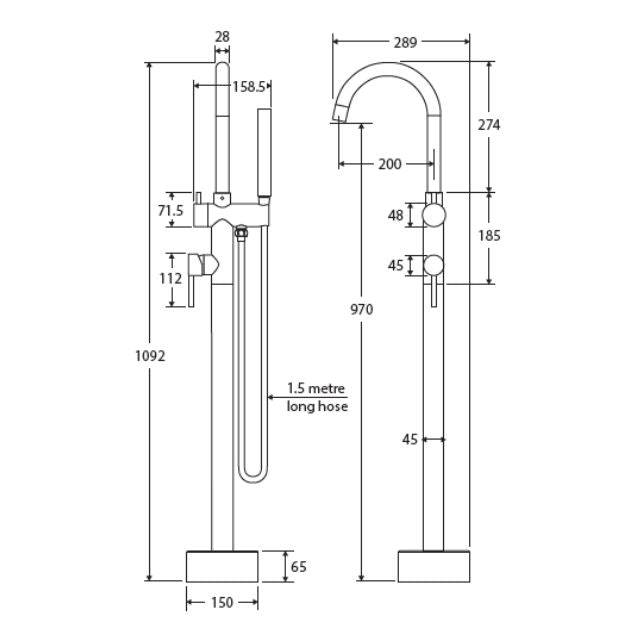 Fienza Kaya Floor Mounted Bath Mixer With Hand Shower Matte Black