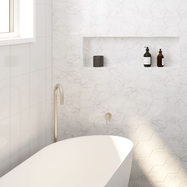 Fienza Kaya Gooseneck Floor Mounted Bath Outlet Brushed Nickel