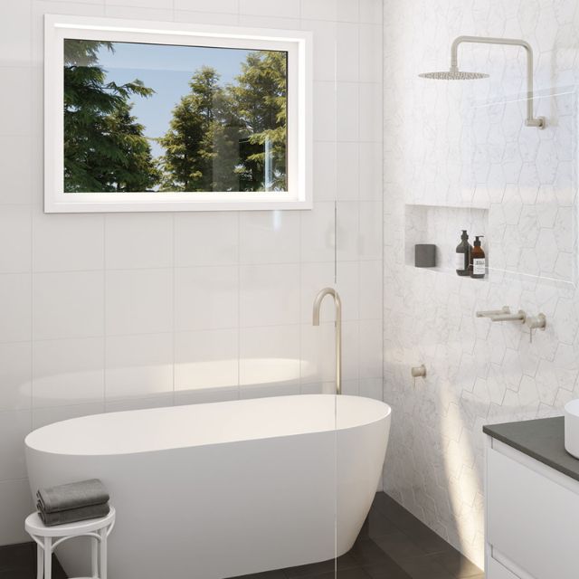 Fienza Kaya Gooseneck Floor Mounted Bath Outlet Brushed Nickel